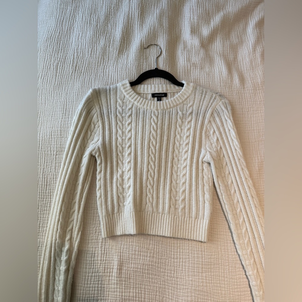 White Cable Knit Crewneck Sweater